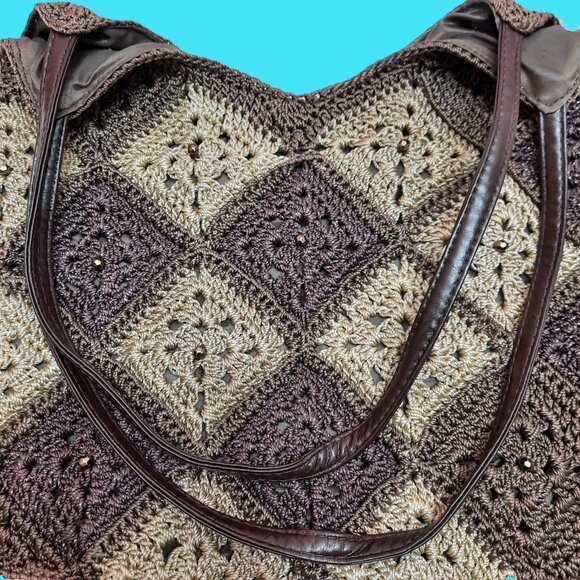 Y2K Crochet Patchwork Handbag Brown Beige Shoulder Bag Beaded Boho - Picture 7 of 8